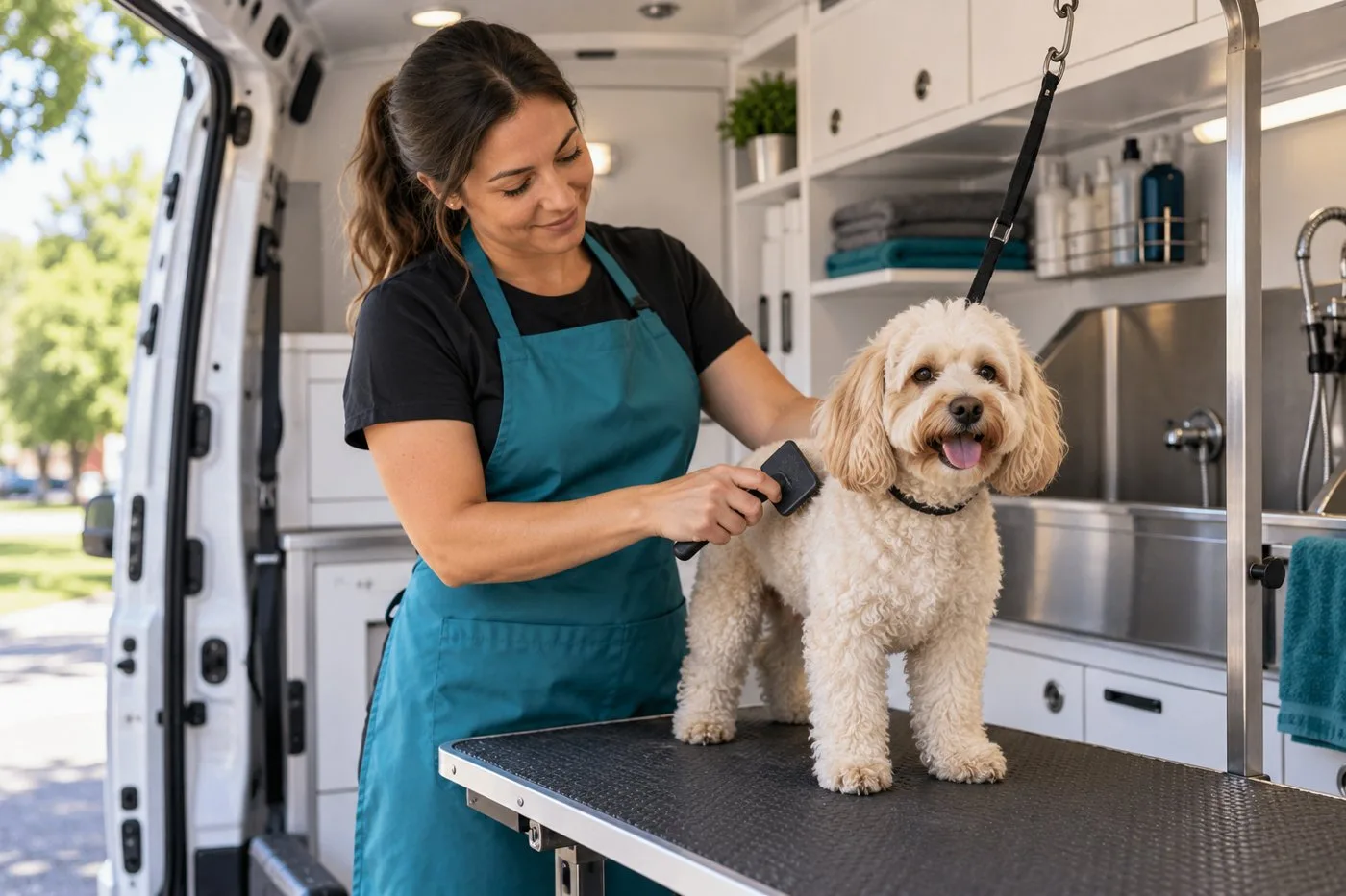 A professional groomer brushing a calm dog inside a mobile grooming van